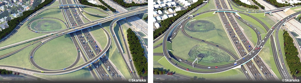 A visualization of two major highways intersecting.