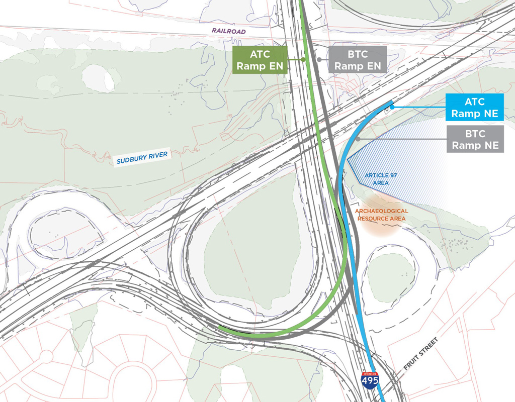 A comparison of the highway ramp configurations in the design-build’s BTC versus the ATC.