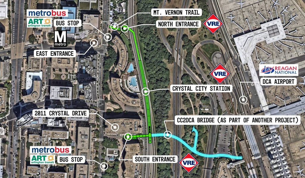Map highlighting VRE Crystal City Station access to rail, transit, and DCA.