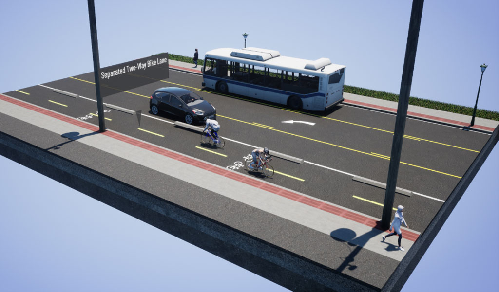 A 3D model of a street layout featuring a separated two-way bike lane. The scene includes a bus, a car, two cyclists, and a pedestrian on the sidewalk.