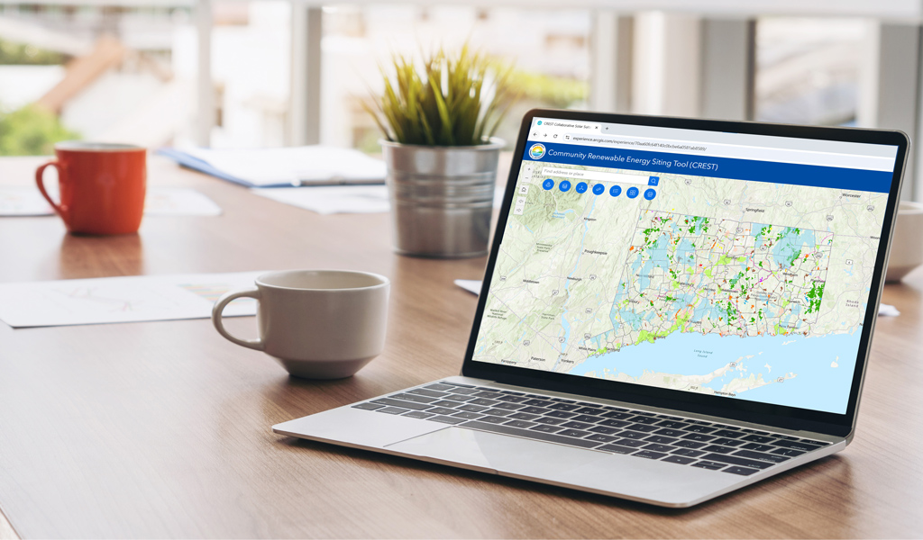 Map of Connecticut displaying locations with the Community Renewable Energy Siting Tool (CREST). Includes various markers and notes on regions across the state.