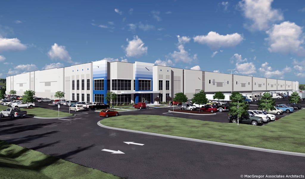 A rendering of the Swift Creek Logistics Center in Stonecrest, Georgia depicting the front entry and parking fields.  