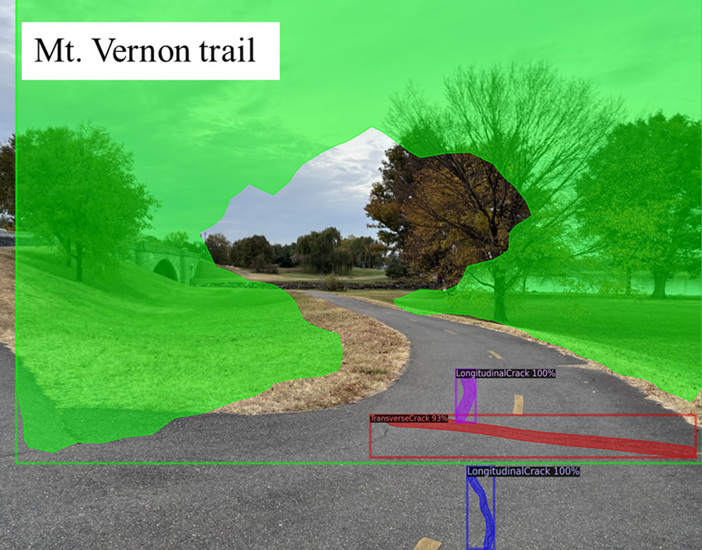 Data collection on the Mount Vernon Trail using smartphone sensors and AI-powered image analysis to measure trail roughness and surface distress.