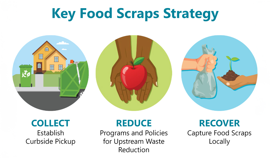 Graphic outlining food scraps strategy: Collect, Reduce and Recover.