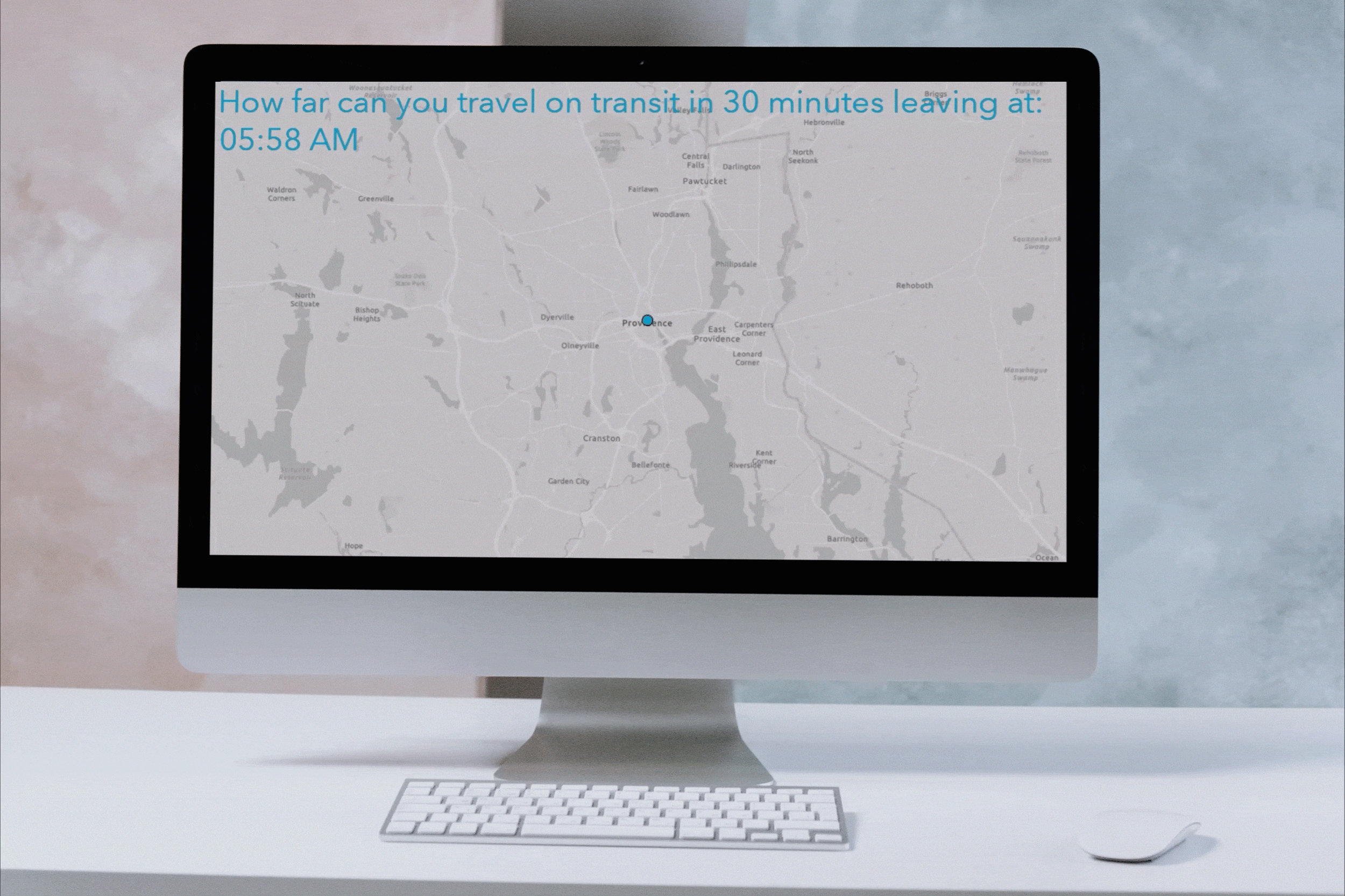 Digital animation of a map showing how far you can travel on transit leaving at various times.