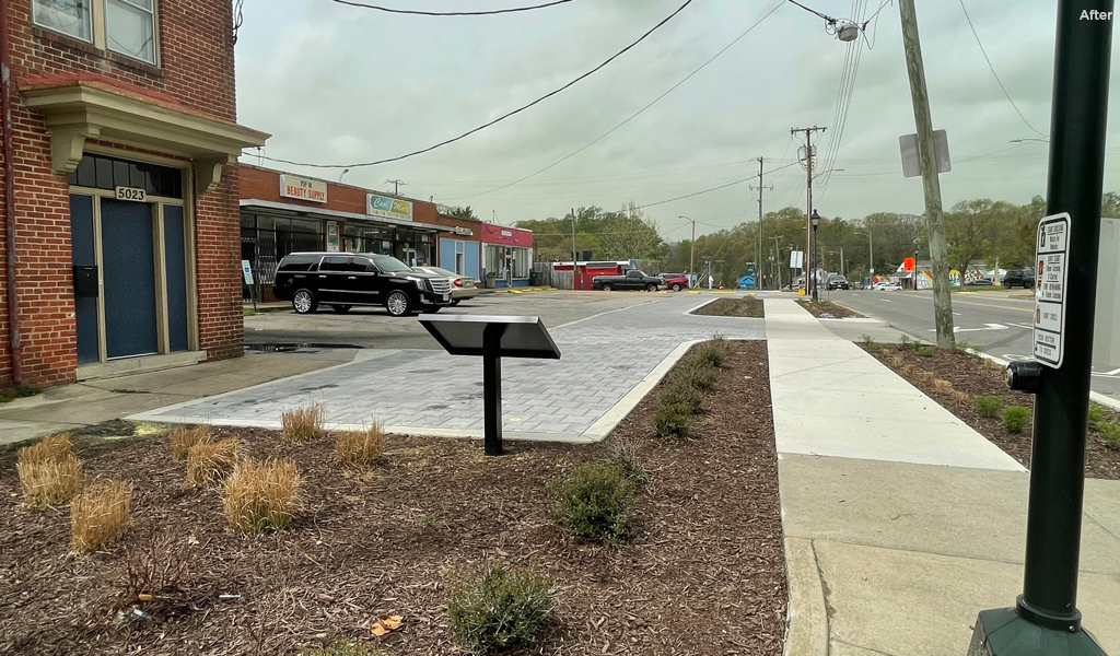 An after image shows permeable pavers, sidewalk enhancements, and plantings. 