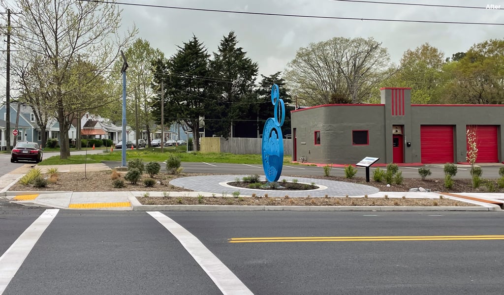 An after image shows streetscape enhancements and new sculpture. 