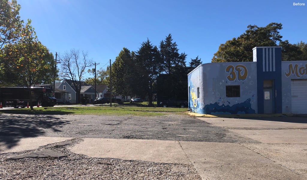 A before image shows an existing crumbled parking lot. 