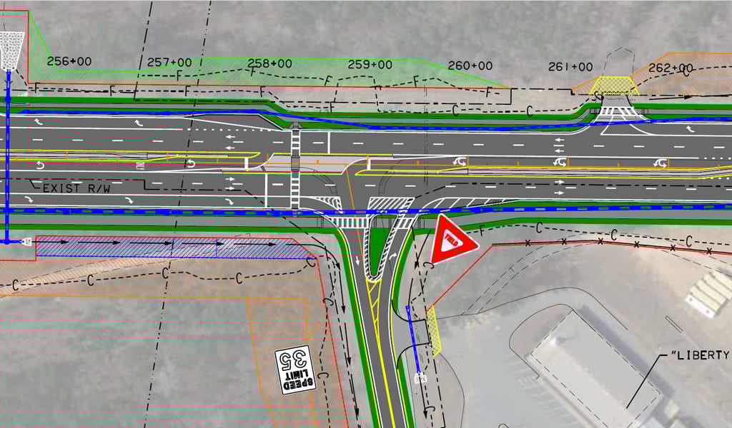 A color diagram of a highway with road markings.
