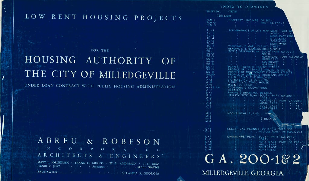 A scan of the cover page from the architectural blueprint that were drafted to construct the low rent housing projects in Milledgeville, Georgia. 