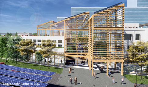 Rendering of the front entrance façade of the future Best Products building.