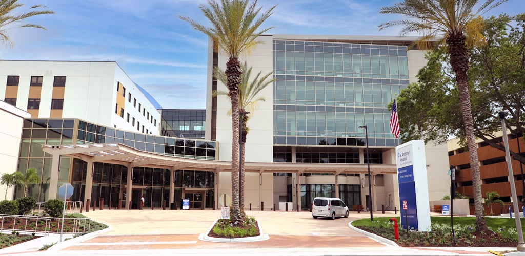 A modern hospital with palm trees lining the front entry