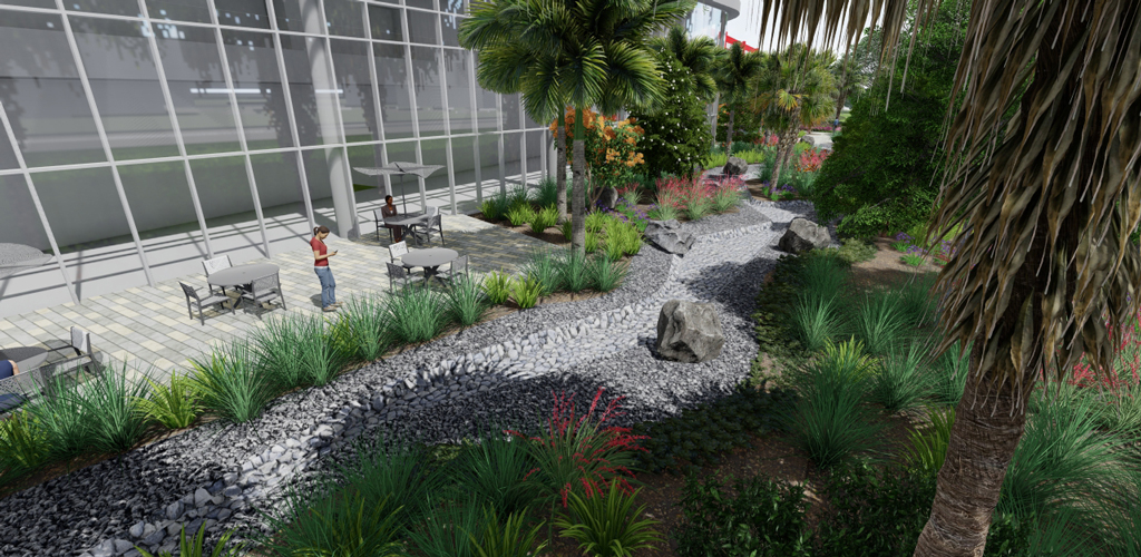 A color rendering of lush tropical garden and seating outside a modern hospital  