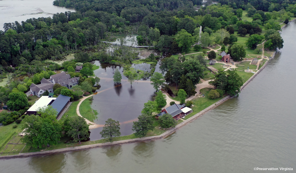 An aerial image captures the flooding at Jamestown after a nor’easter.