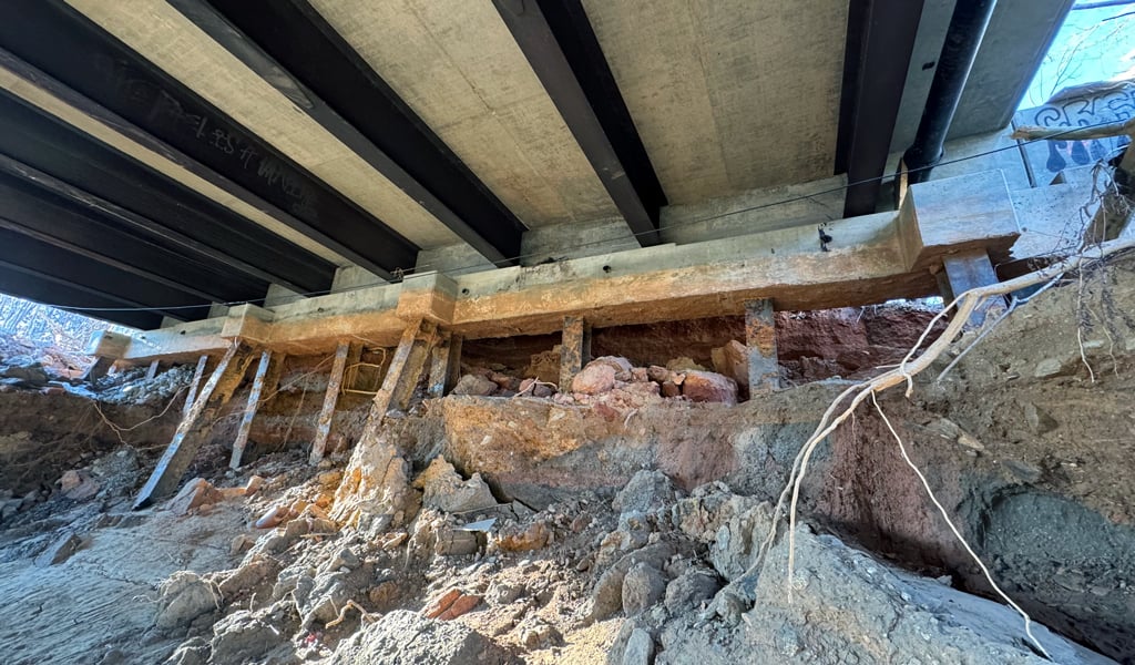 The underside of a bridge eroded and damaged following Hurricane Helene. 