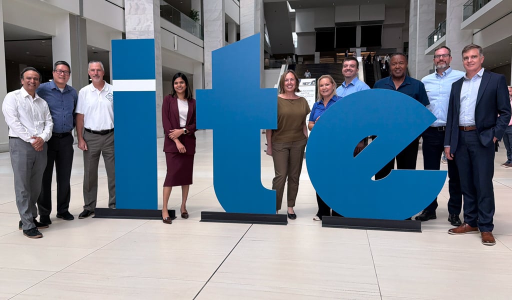 VHB employees smile around life size ITE figure. 