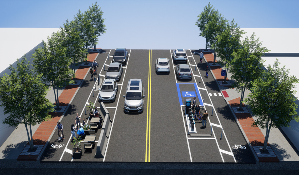 A rendering of a main street that balances mobility with curbside businesses.