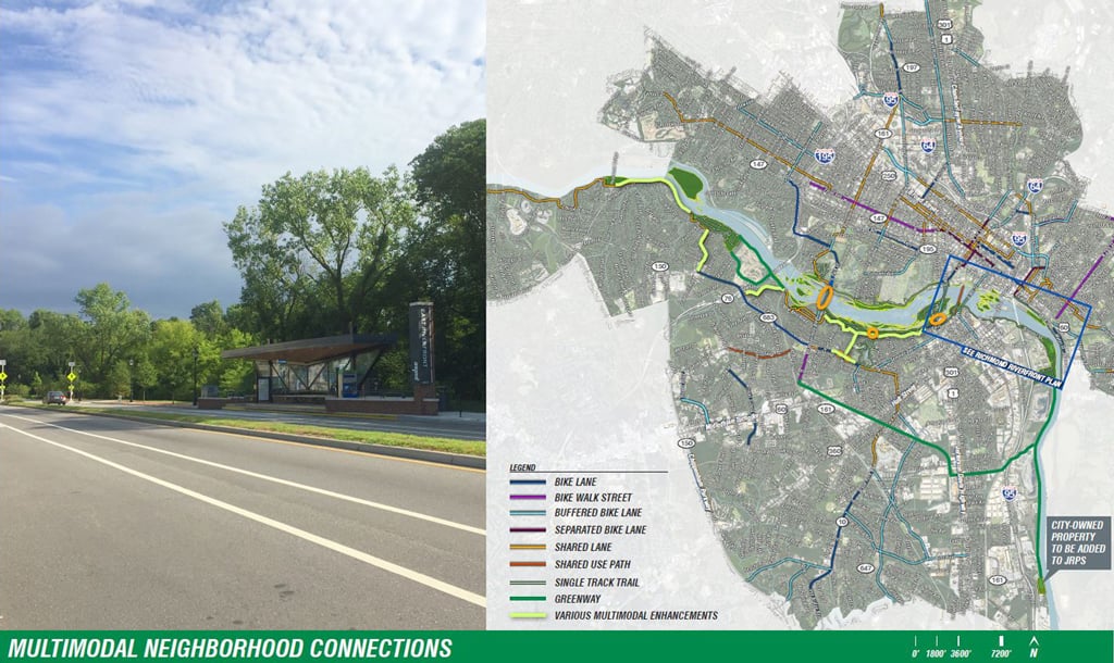 Photo of a GRTC Bus Station and map of Richmond featuring multimodal neighborhood connections from the Master Plan.