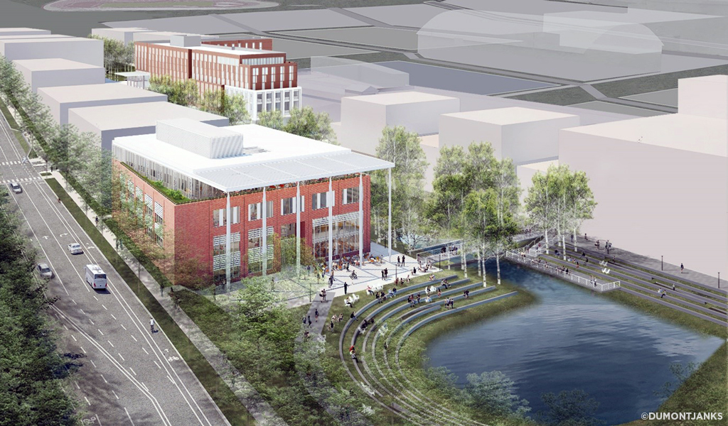A rendering of the engaging stormwater pond and constructed buildings at Ivy Corridor.