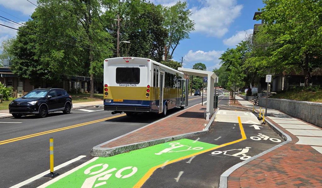 Georgia Tech cycle track running through campus offering a dedicated, bidirectional path separated from vehicular traffic.