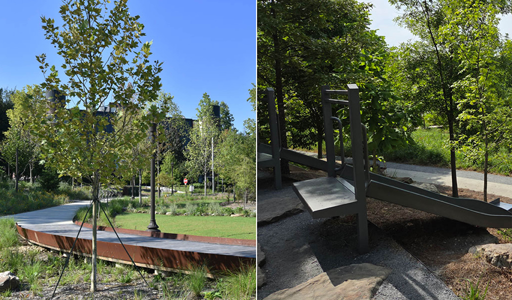 Collage of two images with greenery and structures.
