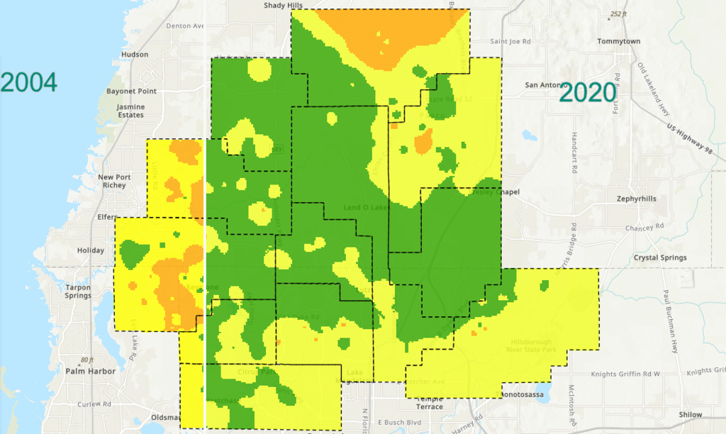 this excerpt from a virtual mapping tool shows how wetland health improved in Northern Tampa Bay following a 50% reduction in regional groundwater pumping. Orange areas show signs of environmental impacts, while green areas are healthy.