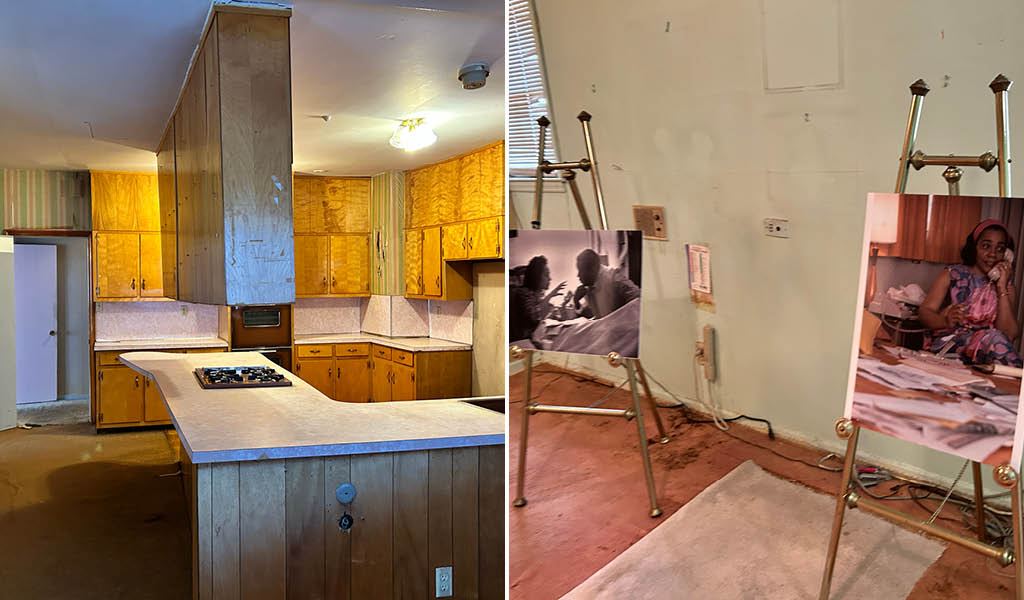 Scenes from inside the King Family Home, including the kitchen and living room.