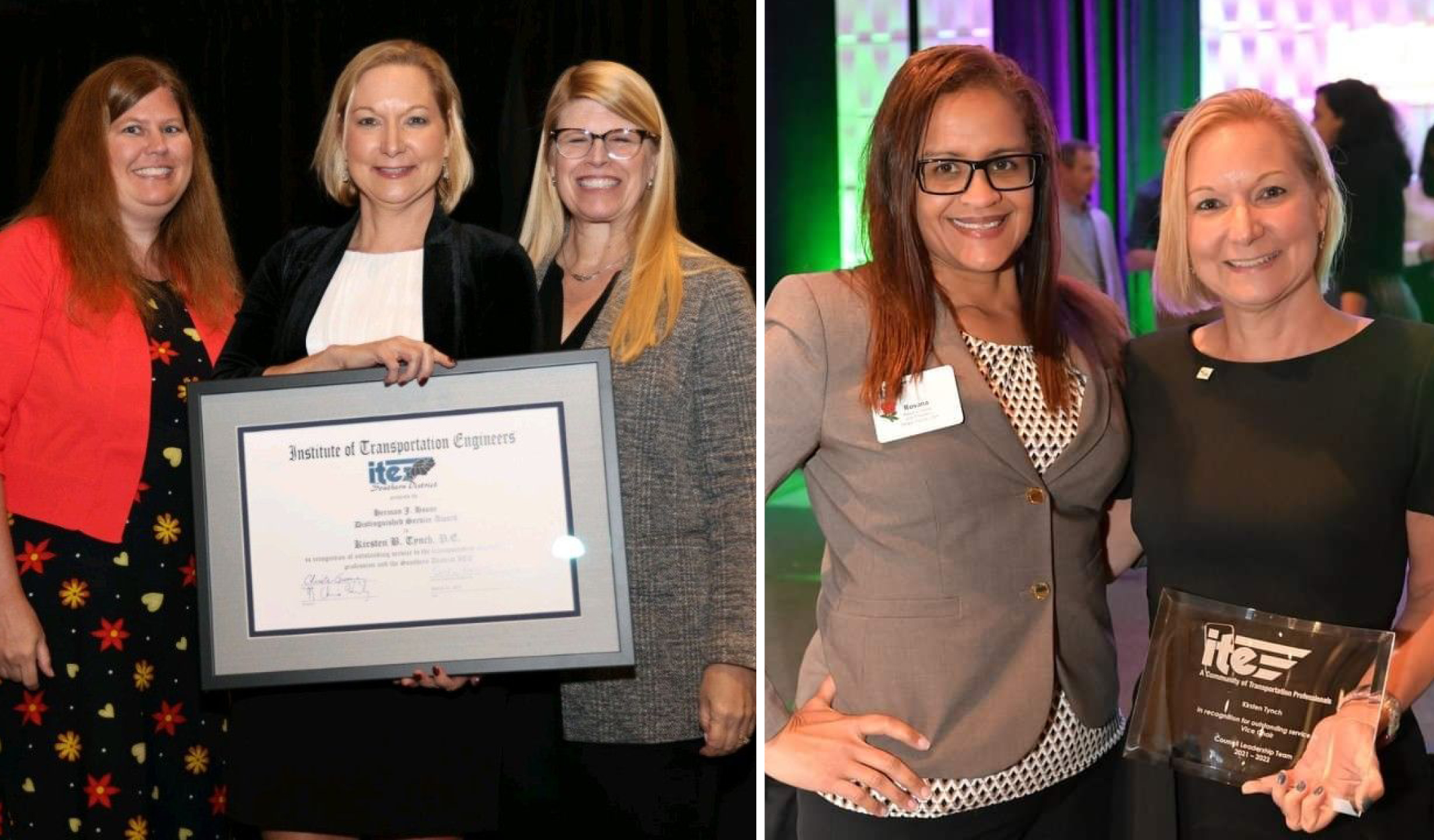 Kirsten with colleagues at ITE events holding her award recognitions.   