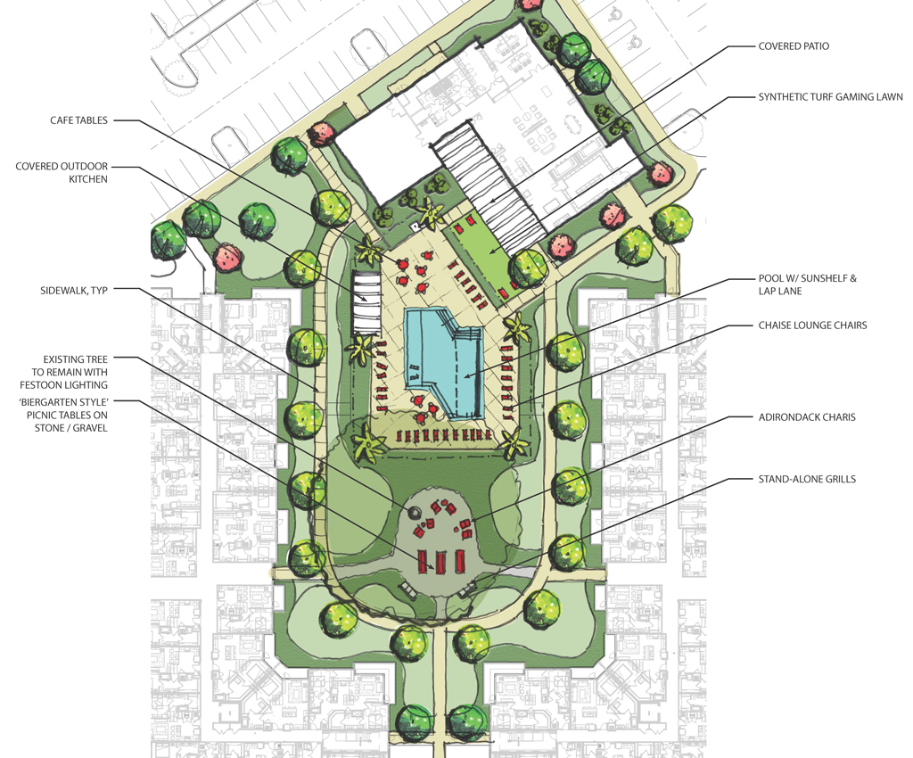 Landscape plan rendering of poolside area at Lake Wire.