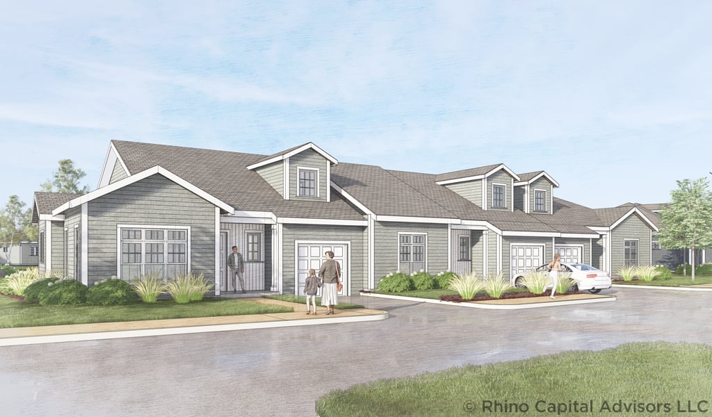 Illustration of a single-story residential complex with multiple units, featuring gray siding and shingled roofs.