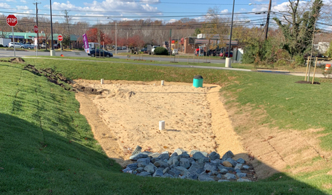 A stormwater facility on the Livingstone Square Shopping Center site.