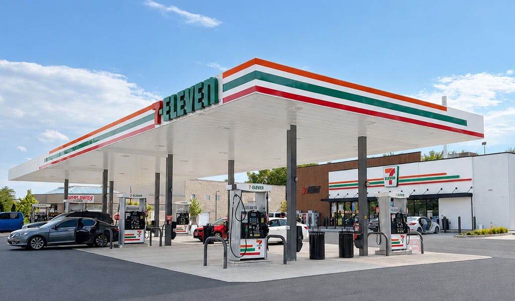 A view of the 7-Eleven fuel pumps in the foreground of a new stores in Southington, CT