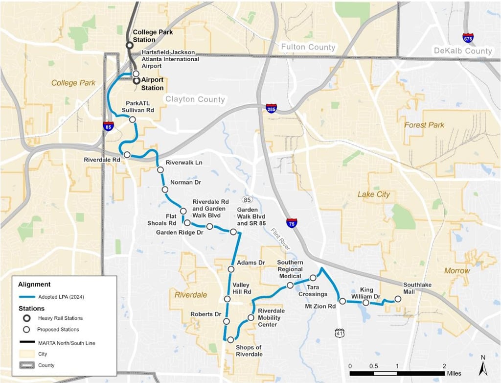 Map of the BRT service area from the Atlanta airport to Southlake Mall.