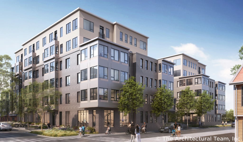 Architectural rendering of a modern, multi-story apartment building. Trees and parked cars enhance the urban landscape.