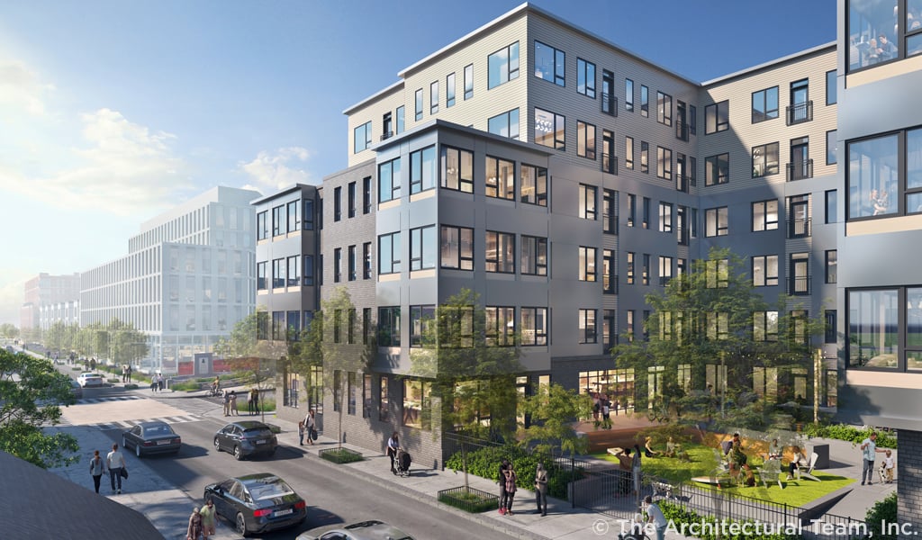 Architectural rendering of a modern residential complex with multiple buildings, featuring pedestrians, cyclists, and cars on a sunny day.