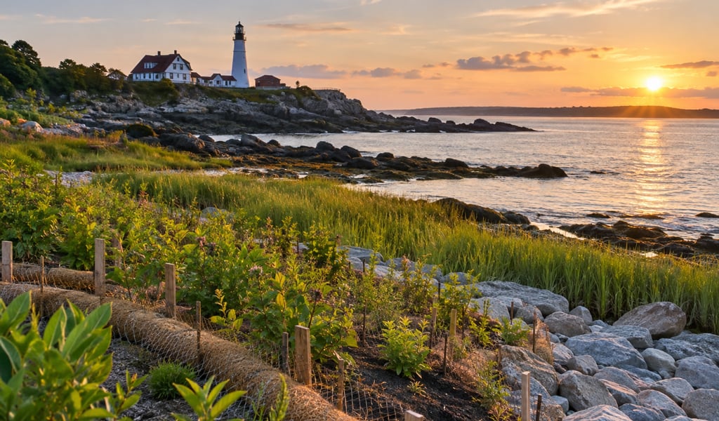 A sunset photo of shorefront plantings with a lighthouse in the background.
