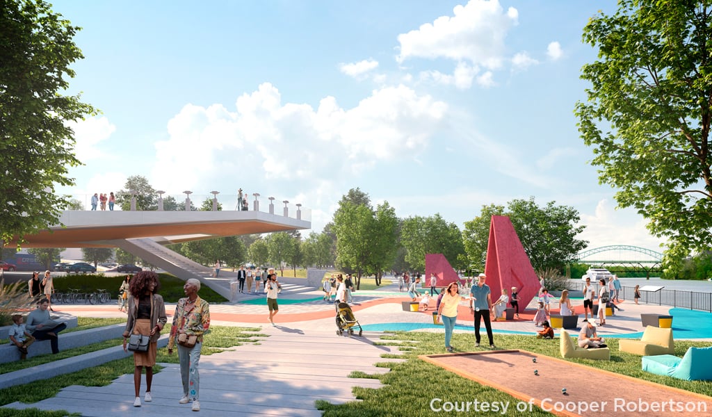 Rendering of a vibrant urban park with individuals walking and engaging in activities.  