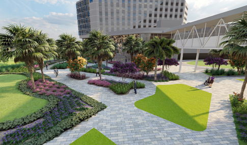 A color rending of tropical plantings and stone pavers under a pedestrian bridge at a modern hospital