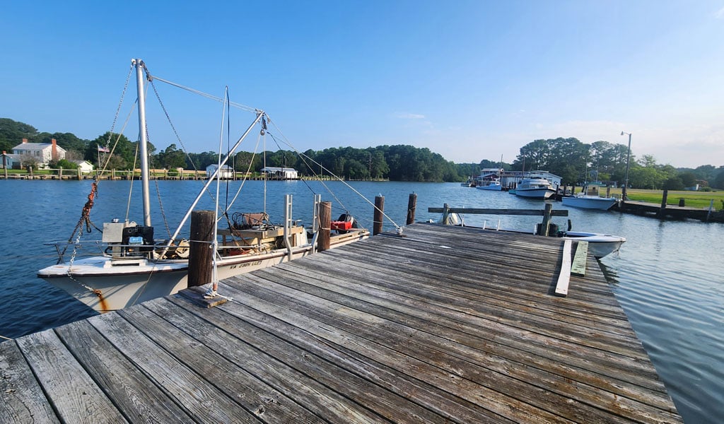 Boats sit at a dock on Virginia’s middle peninsula. 