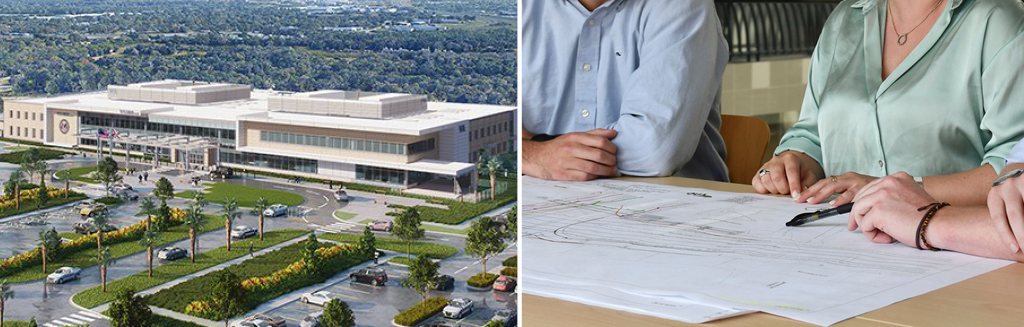 Rendering of a new outpatient clinic in Lakeland, Florida. and Three VHB staff collaborate over a set of engineering plans.