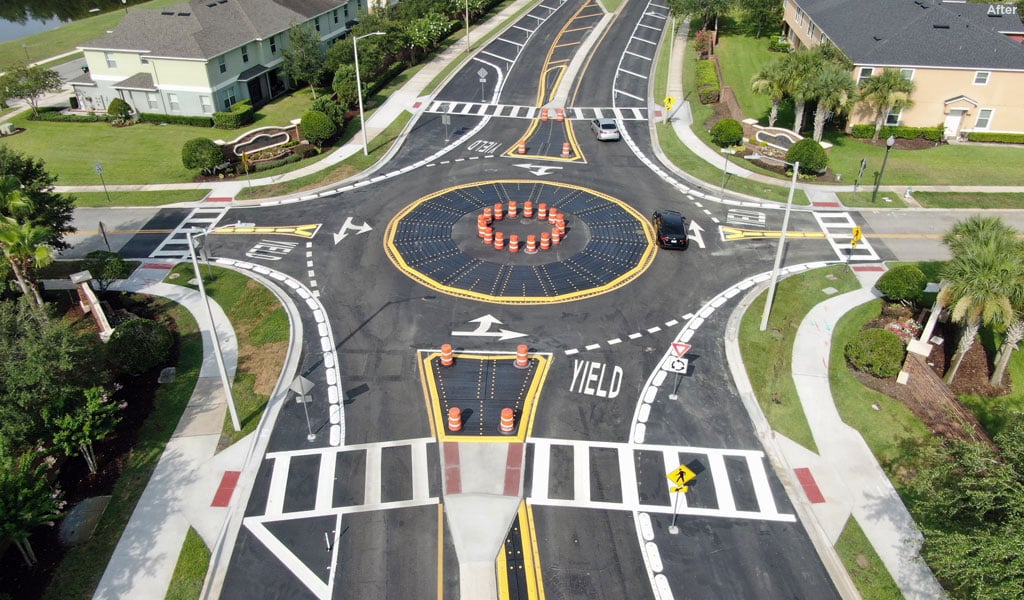 An aerial image of a completed modular roundabout.