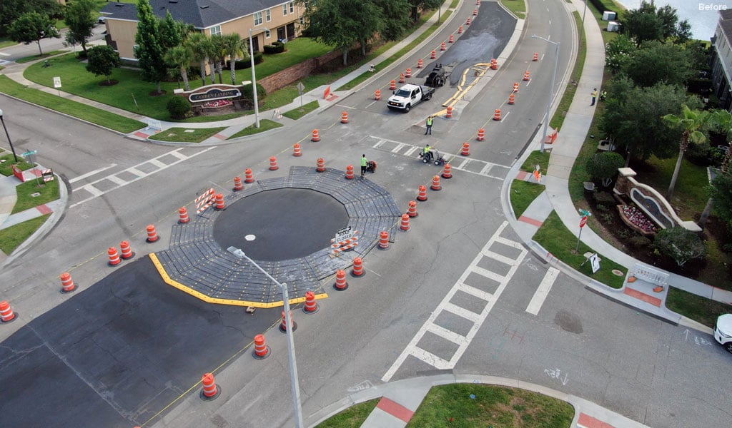 An aerial image of a roundabout under construction.