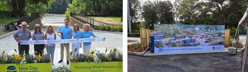 Collage of People standing behind a sign at a park ribbon cutting and A colorful sign of new park additions forthcoming.