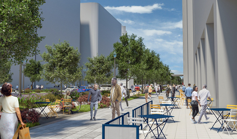 Rendering of the proposed wider sidewalk and outdoor seating space. 