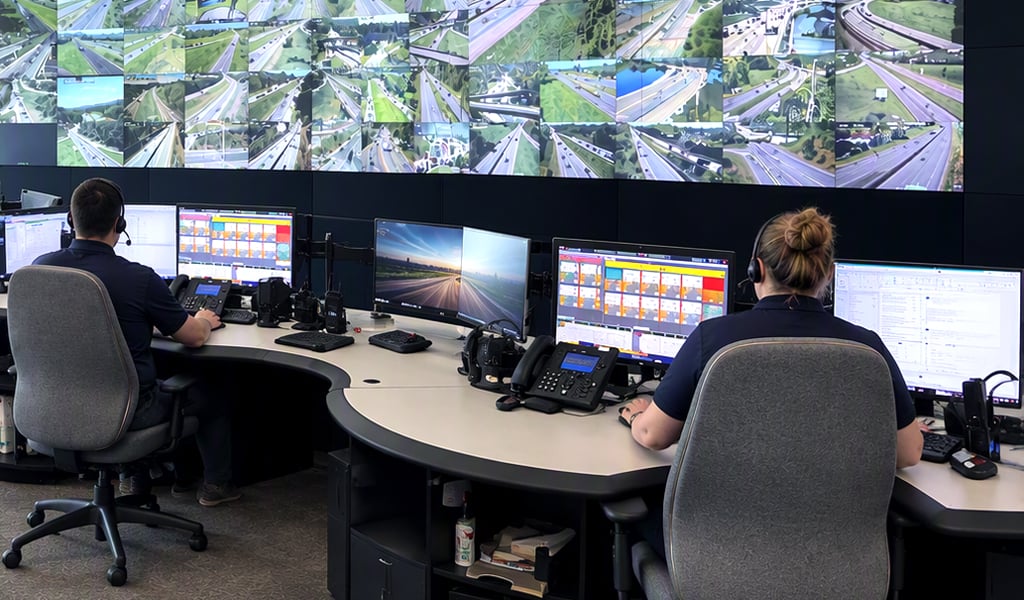 Traffic-control operations center, showing operators monitoring regional roadways from computer workstations.
