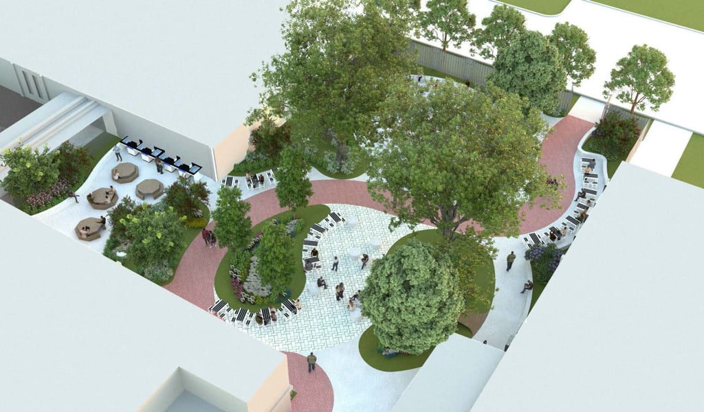 3D rendering of a courtyard space.