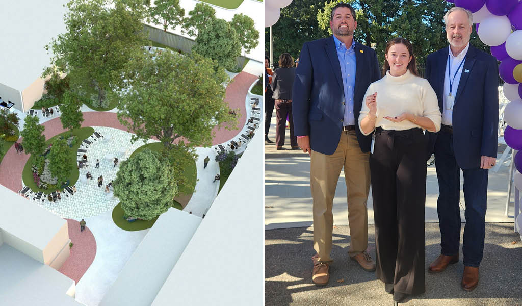 3D rendering on the left and three people holding an award on the right.