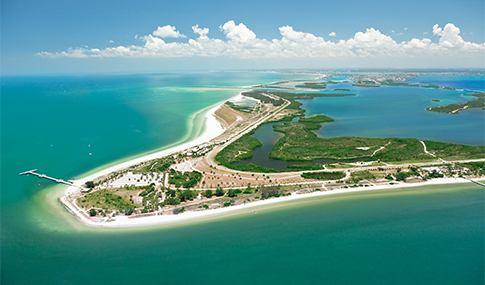 An aerial view of the peninsula where Fort DeSoto Park is located in Florida 