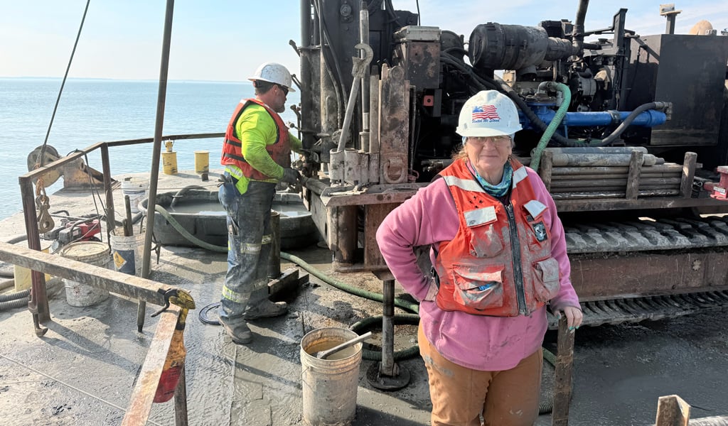 Rebecca on a dredging boat.