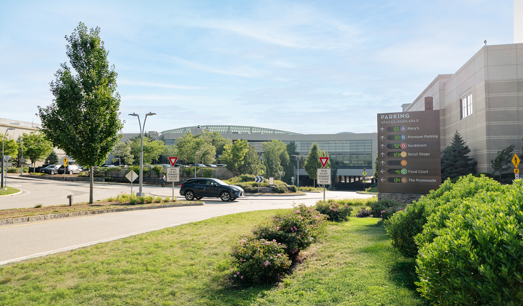 State-of-the-art parking signage at the Natick Mall displays real-time counts of available spaces, streamlining the parking experience with efficient, stress-free navigation.